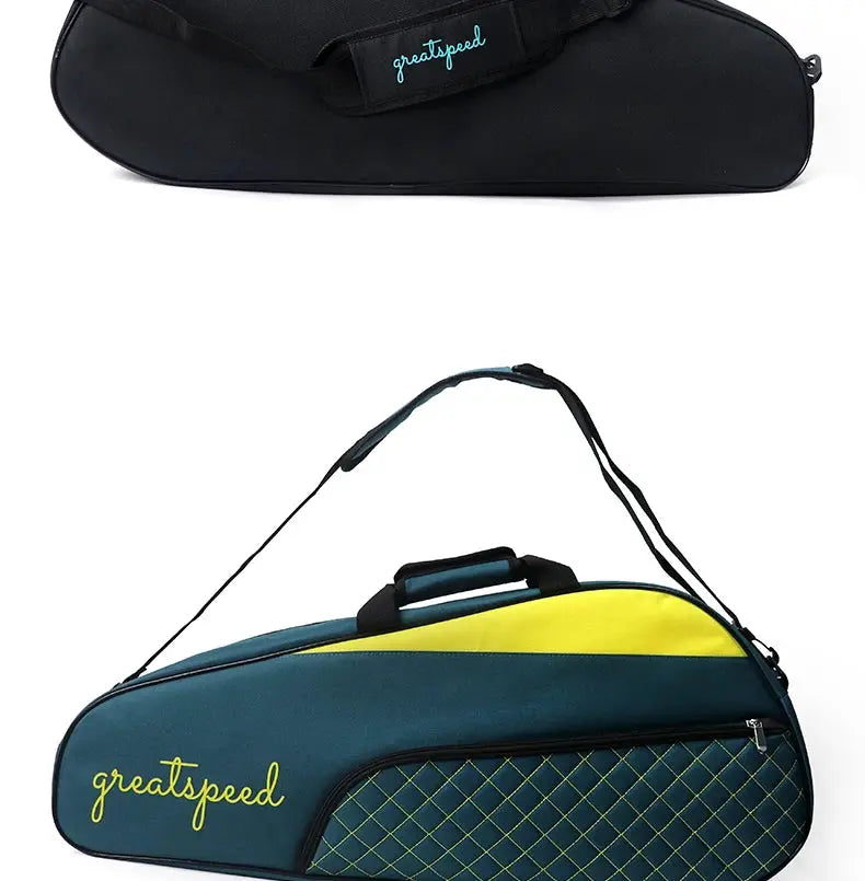 Greatspeed racket bag set; black compact case and teal lattice bag with yellow top, brand logo visible