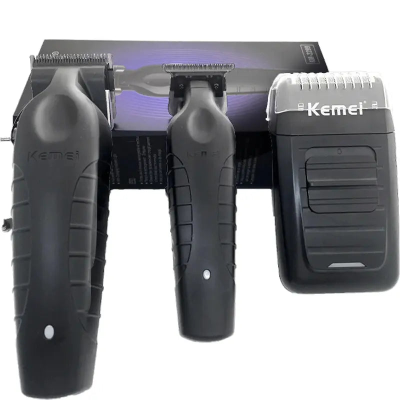 Kemei professional hair clipper kit with two handheld trimmers and charger in black