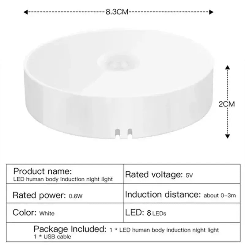 Motion sensor LED night light, white round USB rechargeable with 8 LEDs by Simples Market