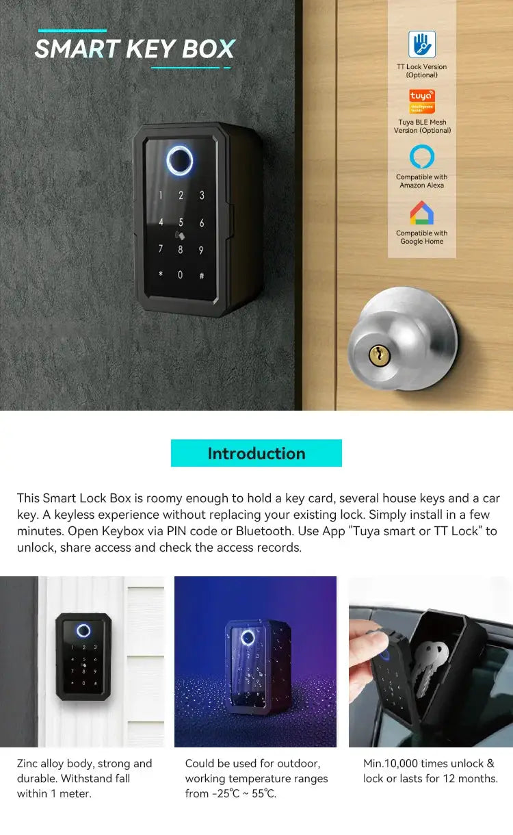 Smart Key Box, black zinc alloy body with keypad and blue ring, wall-mounted beside a wooden door