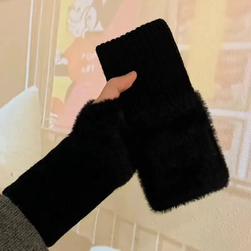 Autumn Winter Soft Mink Fleece Half Finger Gloves for Women Plush Fingerless Wrist Mittens for Driving and Writing