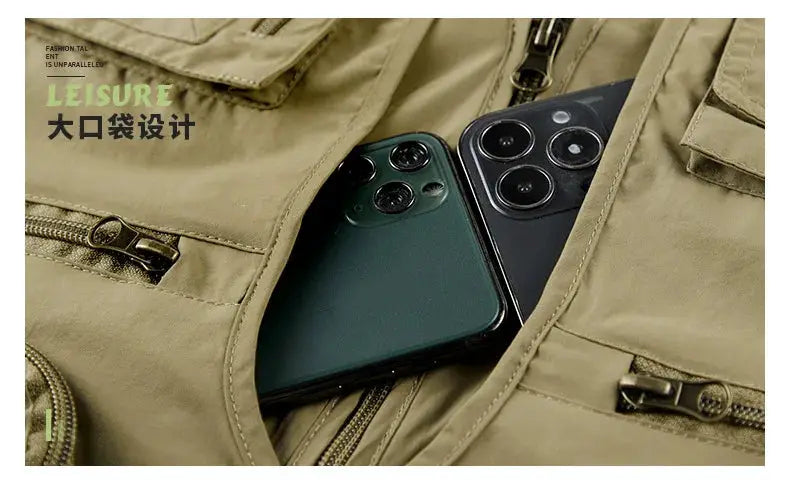 Men's beige outdoor mesh vest with multiple pockets; front pockets hold two smartphones