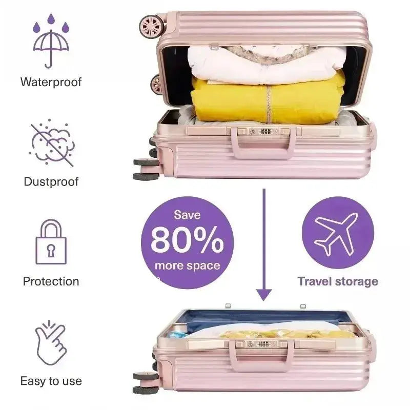 Roll-Up Travel Compression Bags in a suitcase illustrating space-saving features for efficient travel storage.