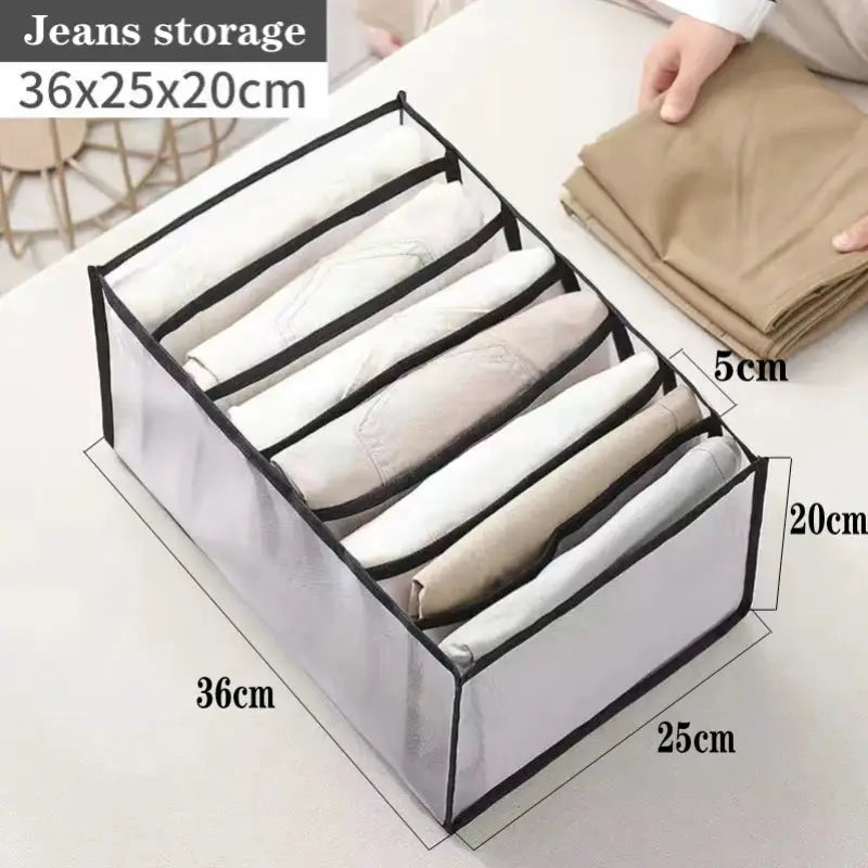 Jeans storage organizer box with divided compartments in gray fabric and black trim, 36x25x20 cm
