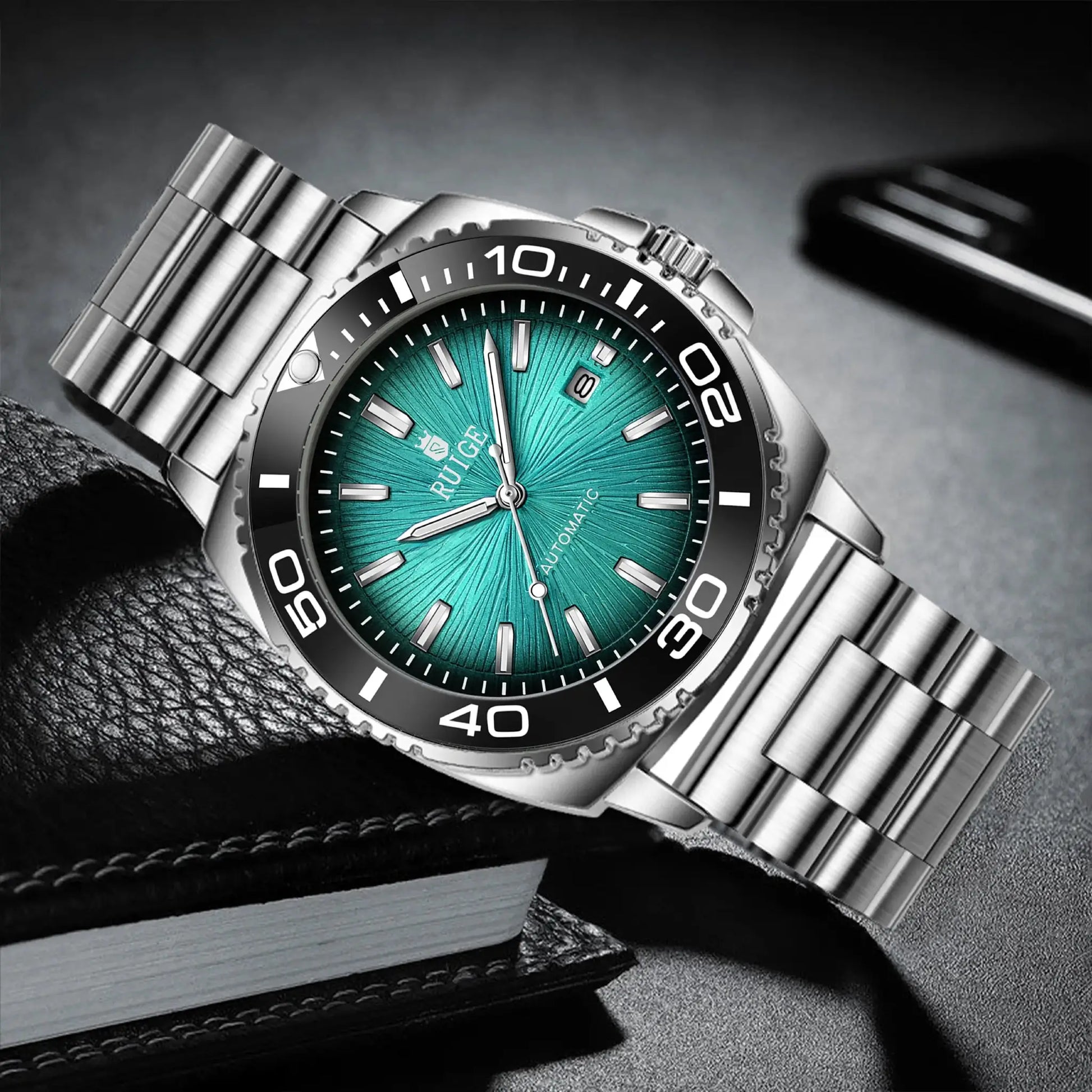 RUIGE men's stainless steel automatic watch with teal dial and metal bracelet