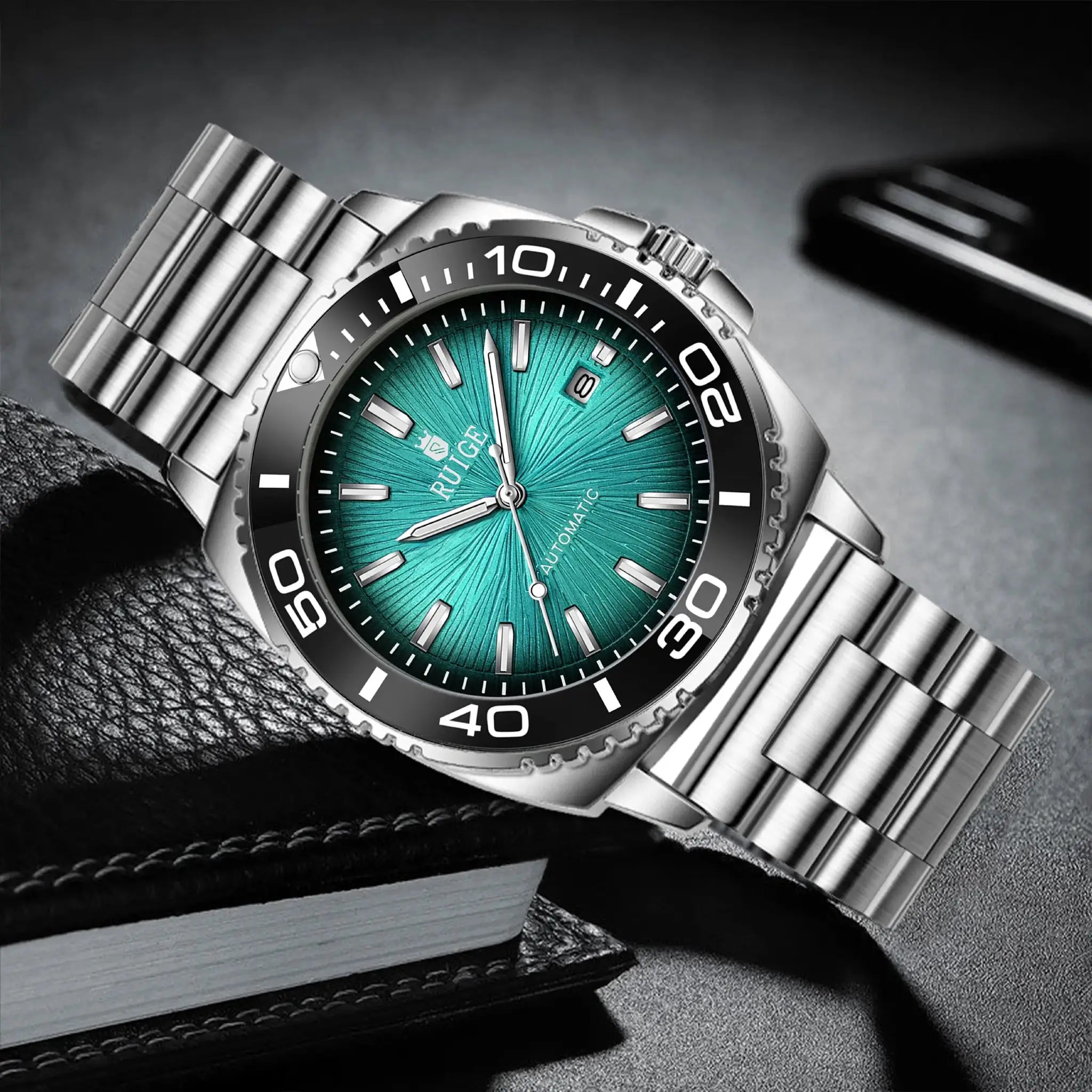 RUIGE men's stainless steel automatic watch with teal dial and metal bracelet