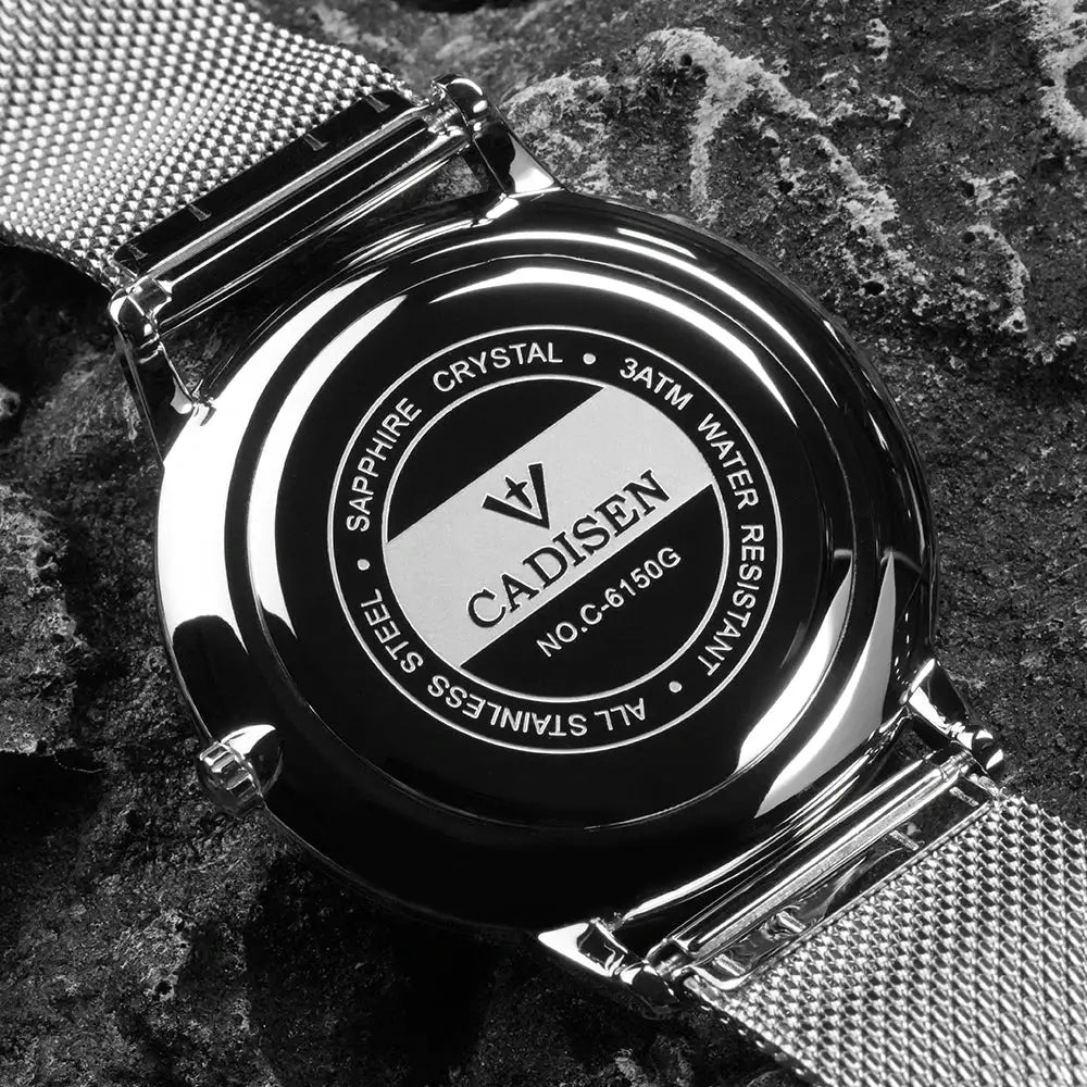 CADISEN men's quartz watch back view with stainless steel Milano mesh strap