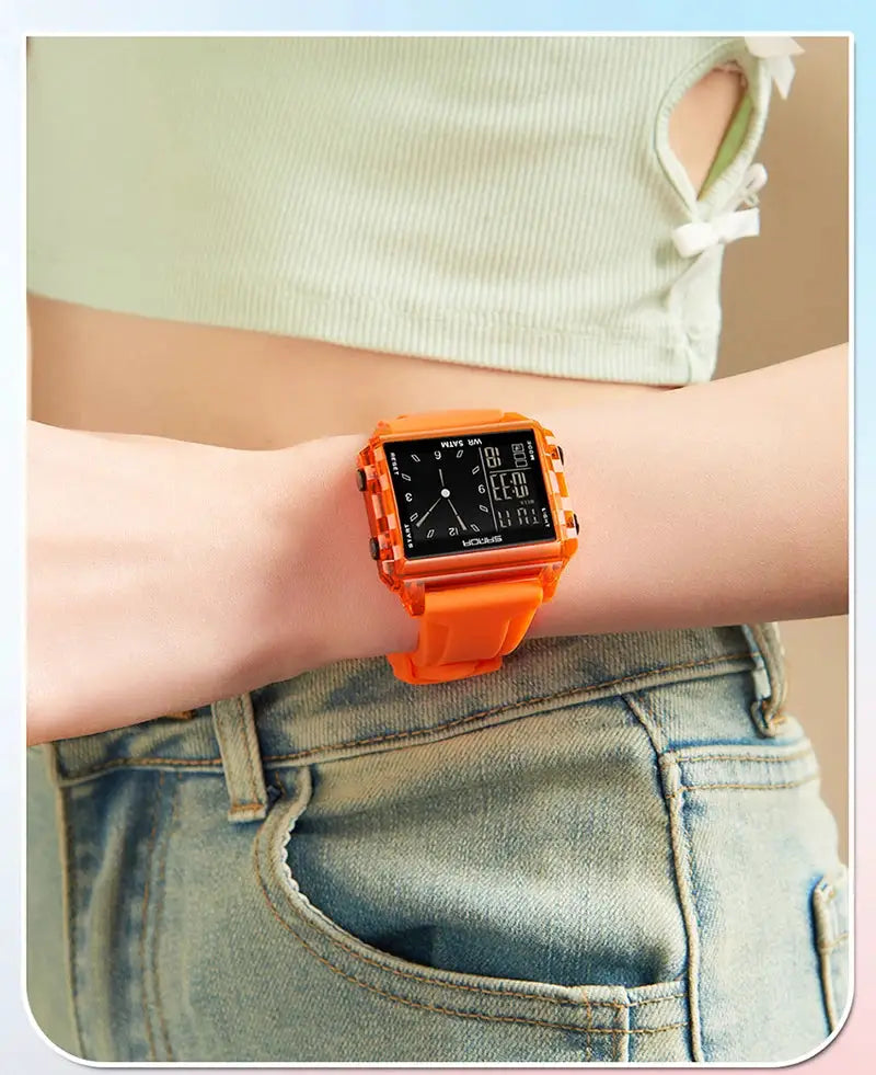 SANDA 6273 wristwatch, orange square dual-time analog-digital on wrist