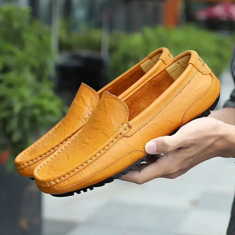 Leather moccasin loafers for men by Simples Market, tan slip-on casual leather shoes