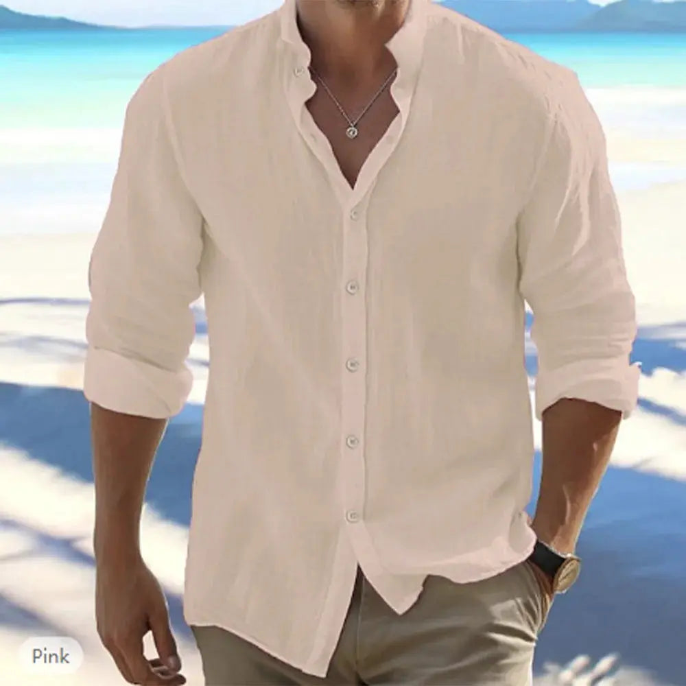 Cotton Linen Mens Long Sleeve Shirt Stand Up Collar Casual Beach Summer Solid Color Plus Size