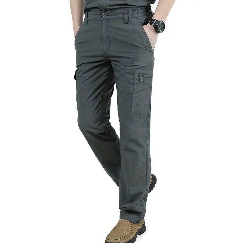 Casual men's cargo pants, olive green, Simples Market, quick-dry multi-pocket outdoor hiking trousers.