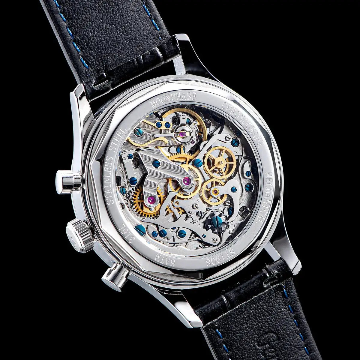 Sugess men's skeleton chronograph wristwatch; stainless steel case, sapphire back, blue screws, black leather strap.