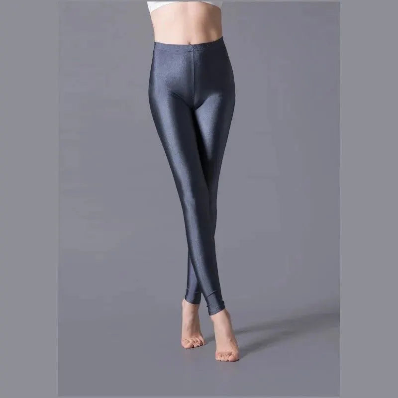 High-elastic skinny leggings in metallic navy, shiny yoga pants for women
