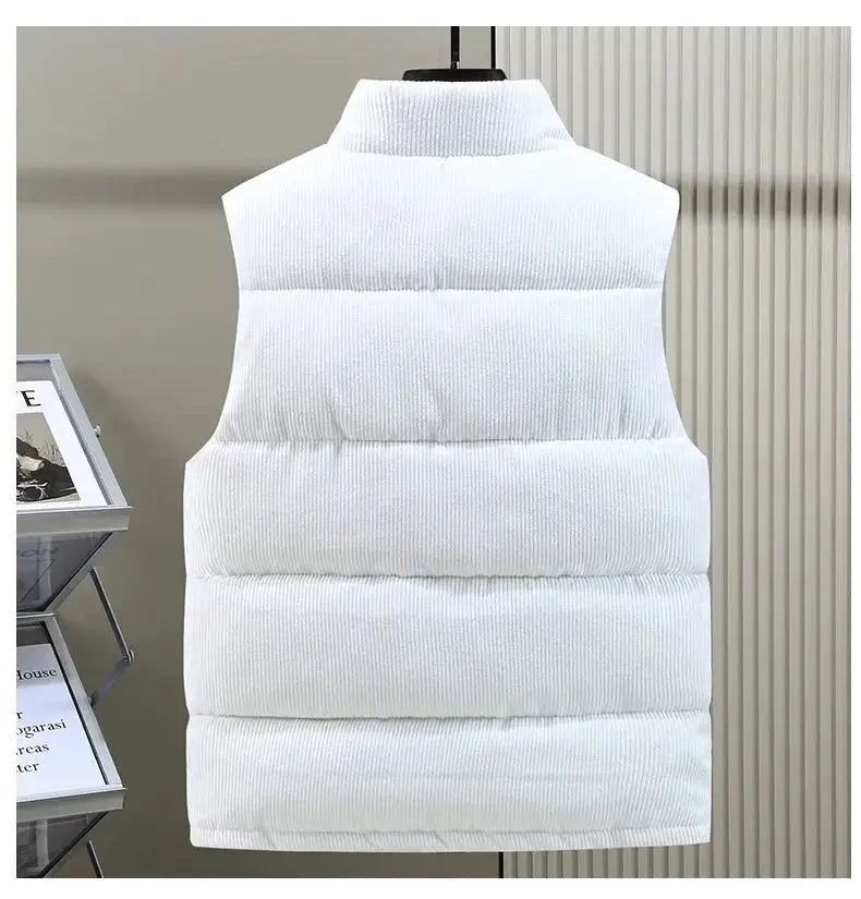 Men's padded vest in white with stand collar, corduroy-style quilted sleeveless jacket