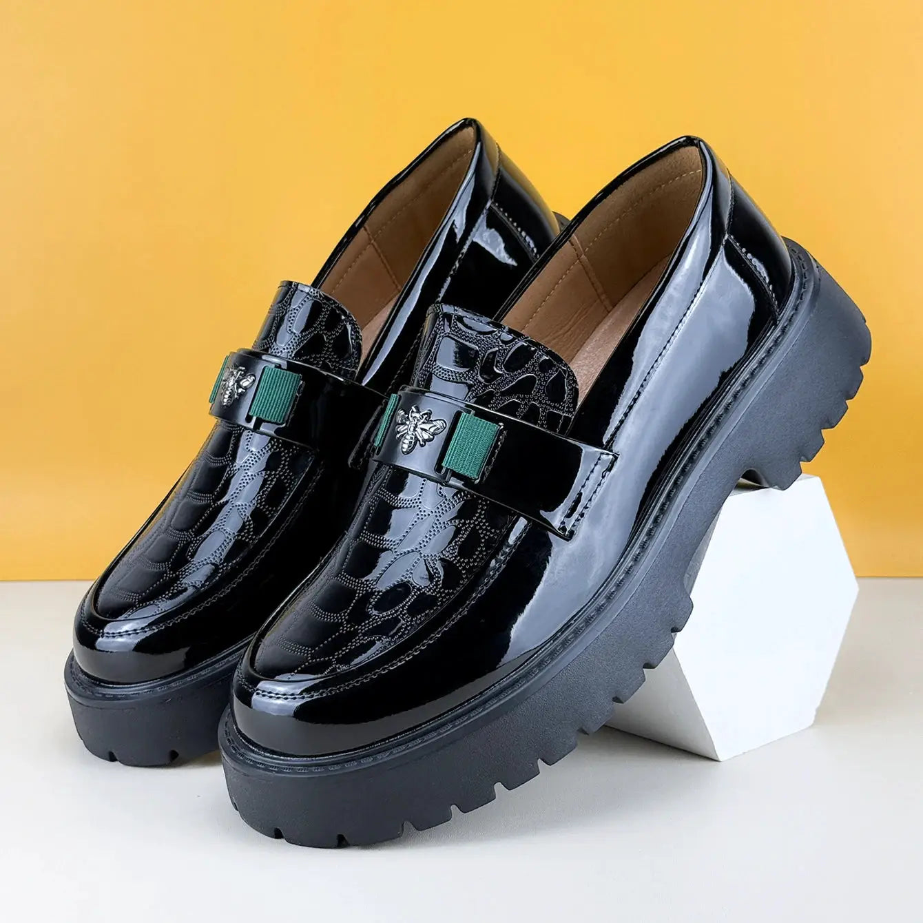 Men's bee-design loafers in black patent leather with thick platform sole (2 shown)