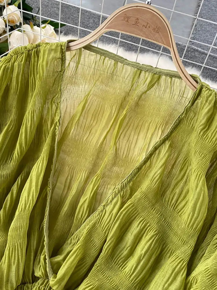 Chiffon blouse lime green with draped front and puff long sleeves, Simples Market