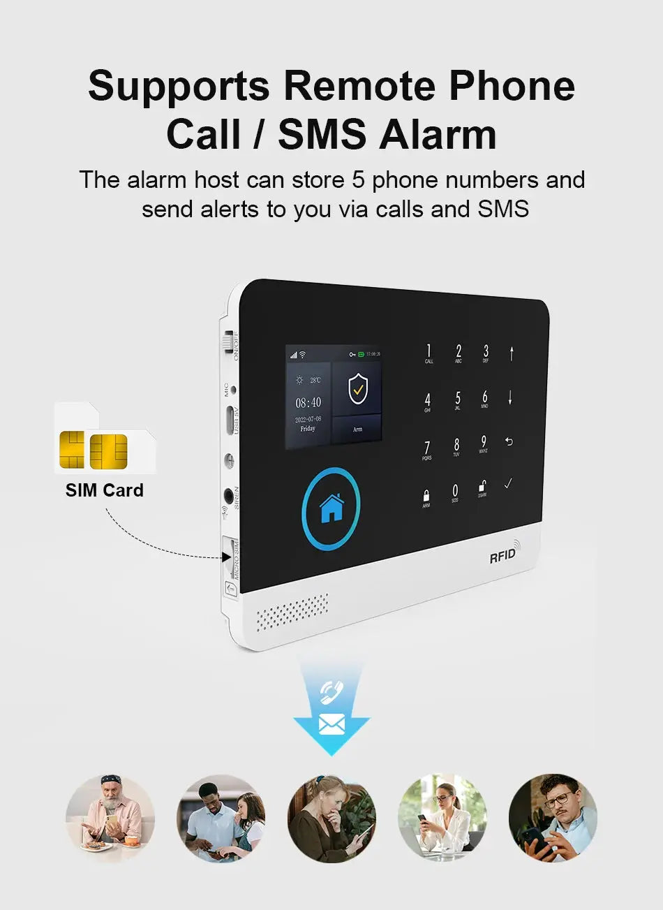 PGST 4G/2G WiFi GSM wireless alarm system with PIR sensor, SIM card slot, black touchscreen on white base