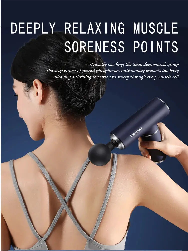 Lenovo fascia gun massager in dark blue with black head used on shoulder