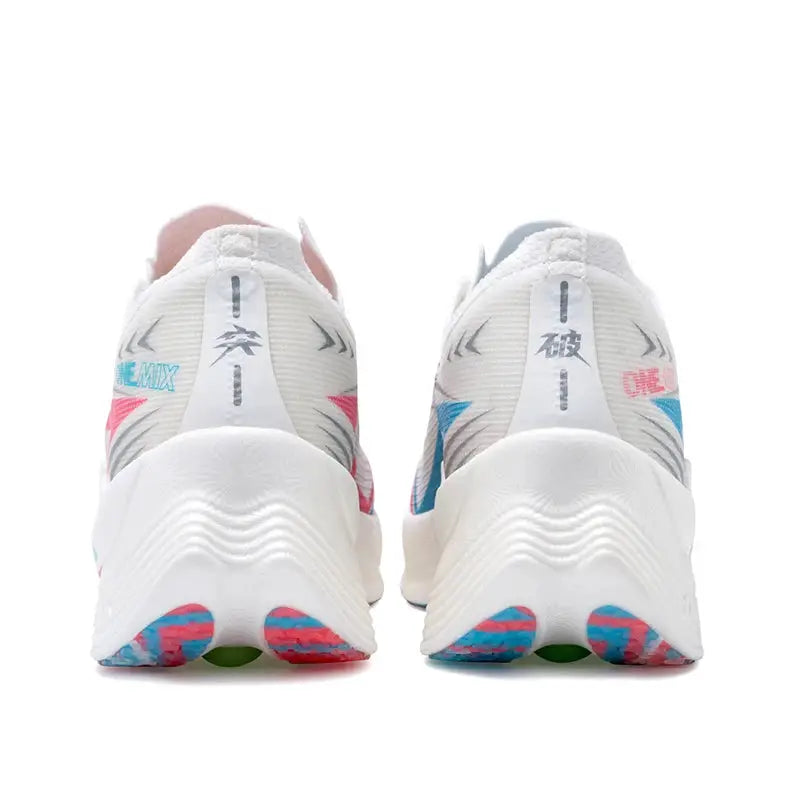 ONEMIX marathon carbon-plate running shoes pair in white/gray with pink and blue accents