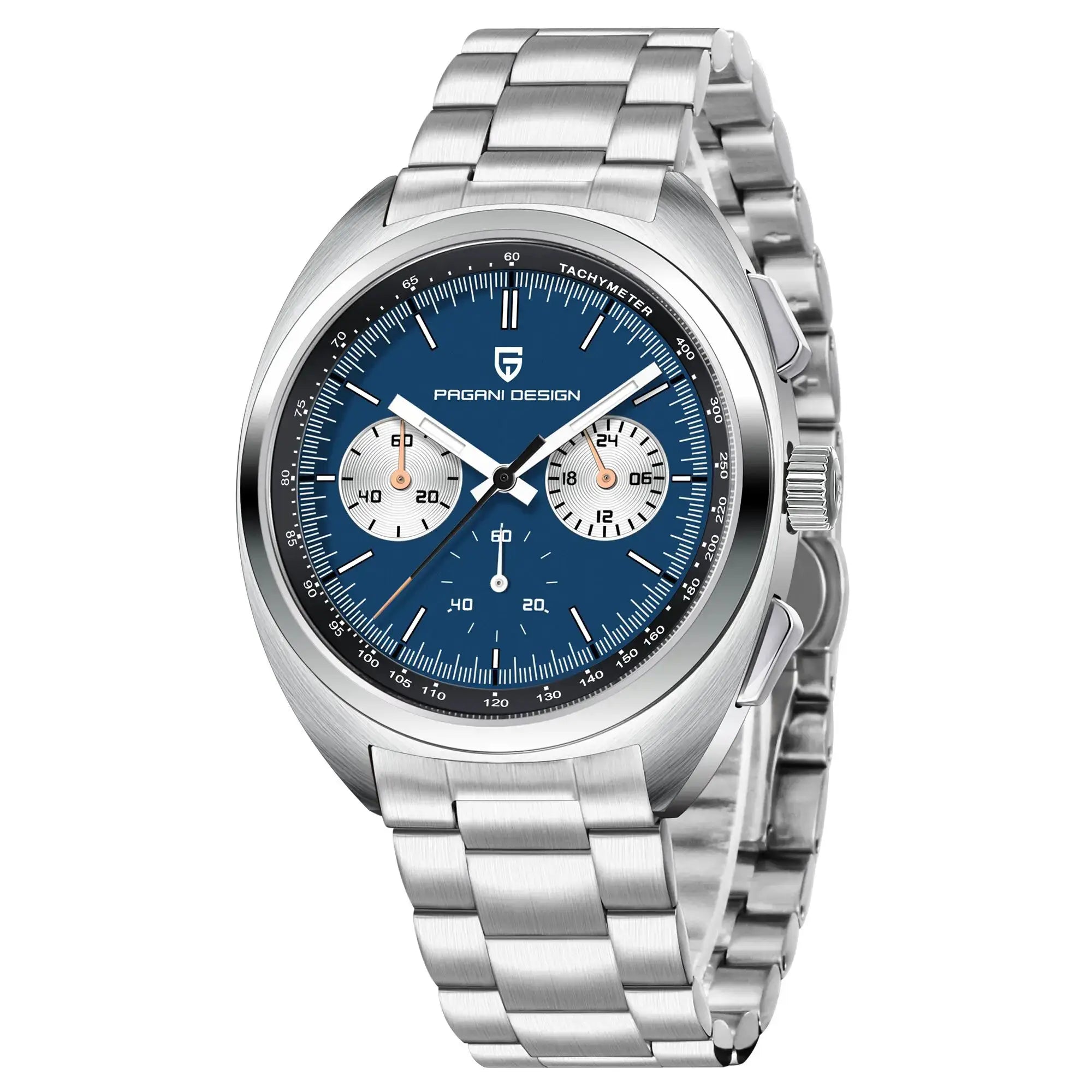 Pagani Design men's chronograph wristwatch with blue dial, sapphire glass, and stainless steel bracelet.