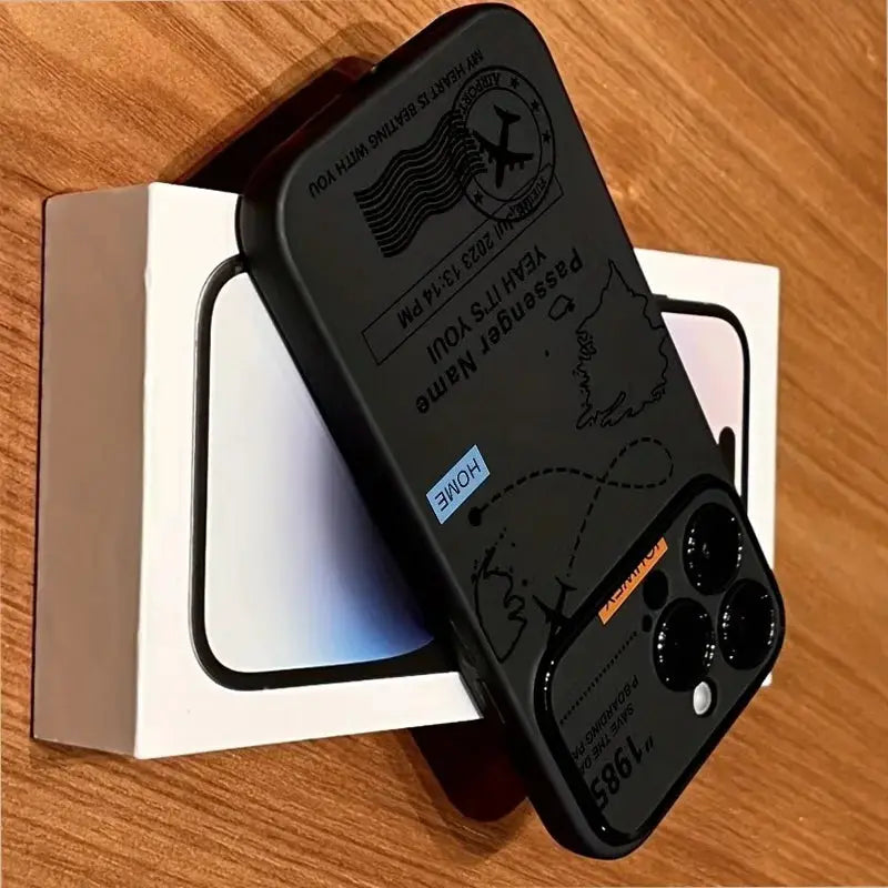 Phone case with world map airplane routes pattern in black for iPhone Pro models by Simples Market