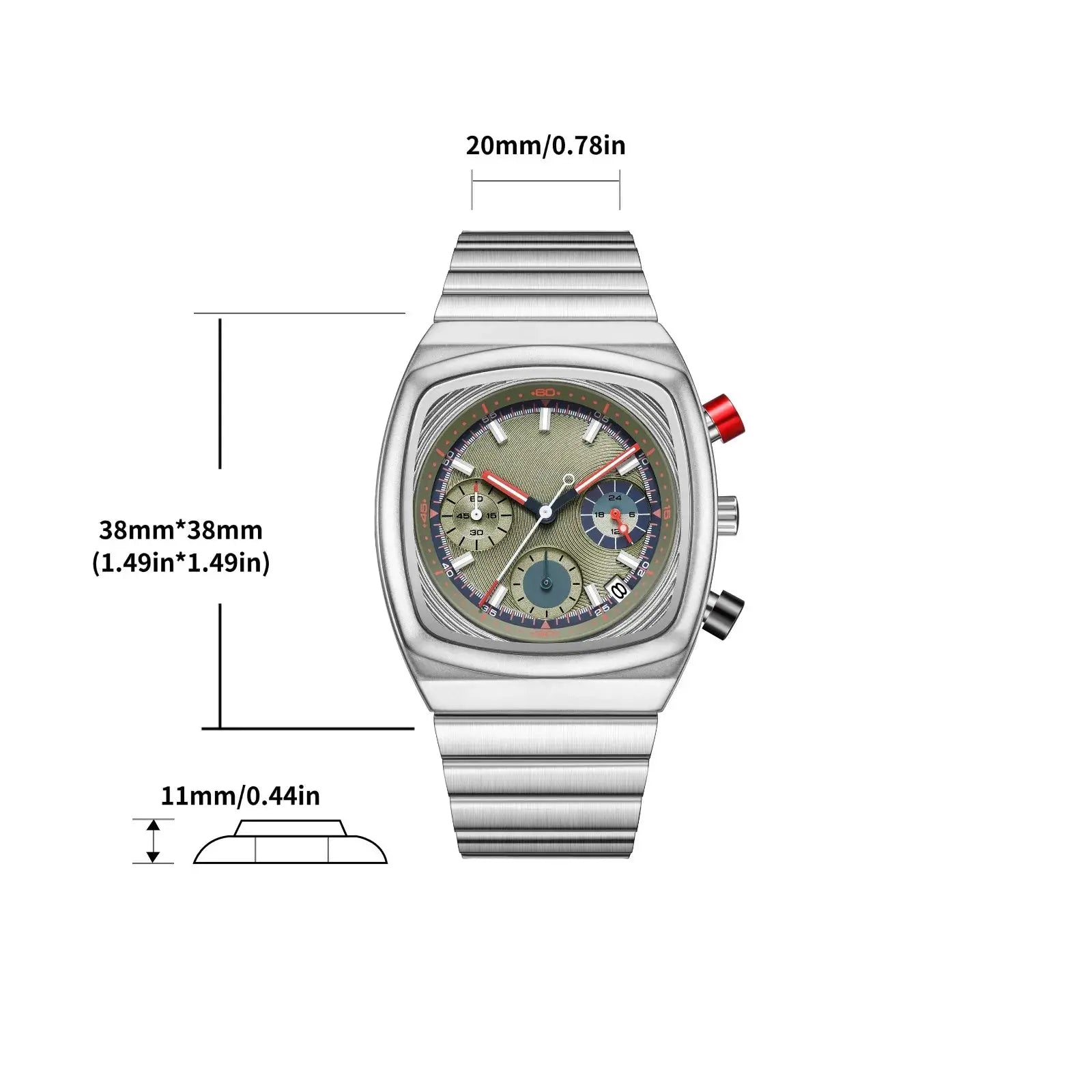 Men's stainless steel chronograph wristwatch with red pushers and multicolor dial.