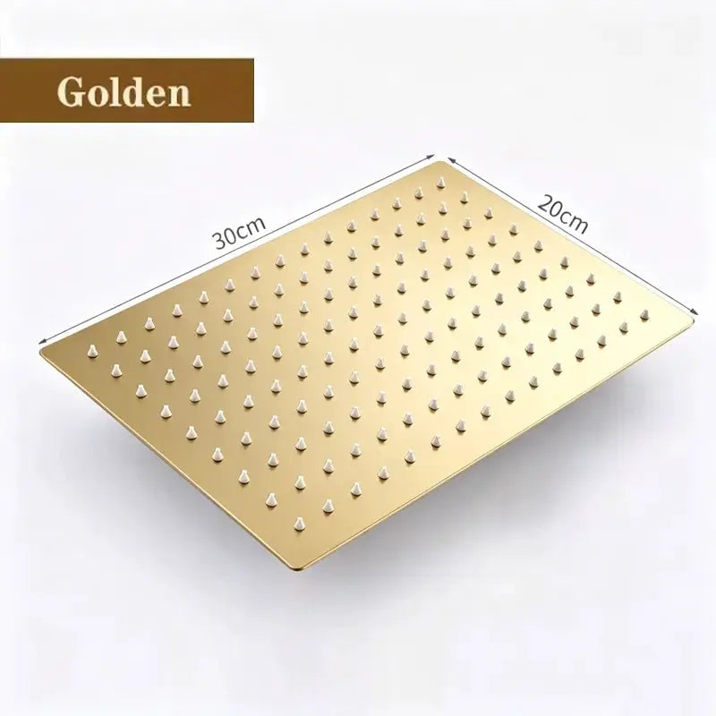 Golden square stainless steel waterfall shower head, 30x20 cm, high-pressure, large flow, Simples Market.