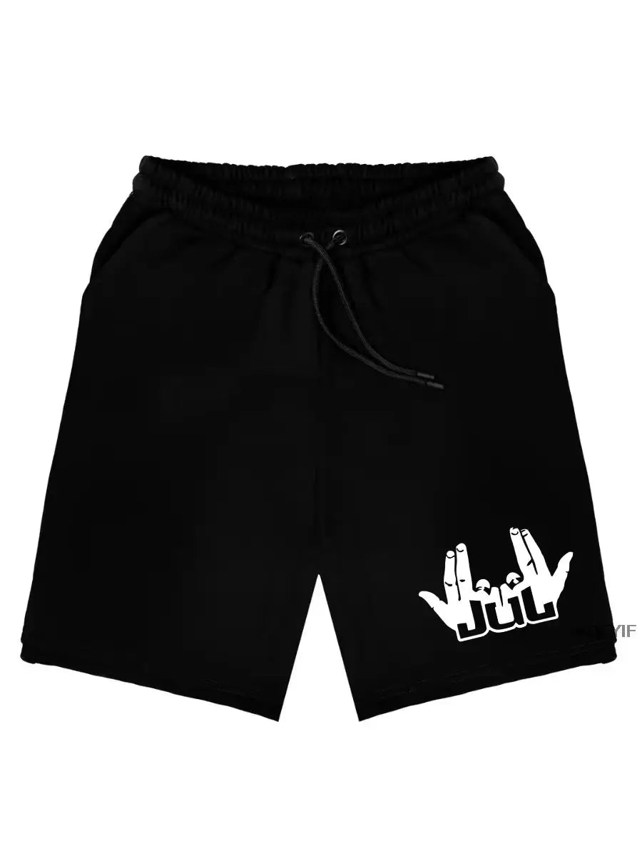 Black cotton shorts with drawstring waist and Jul graphic on the lower right.