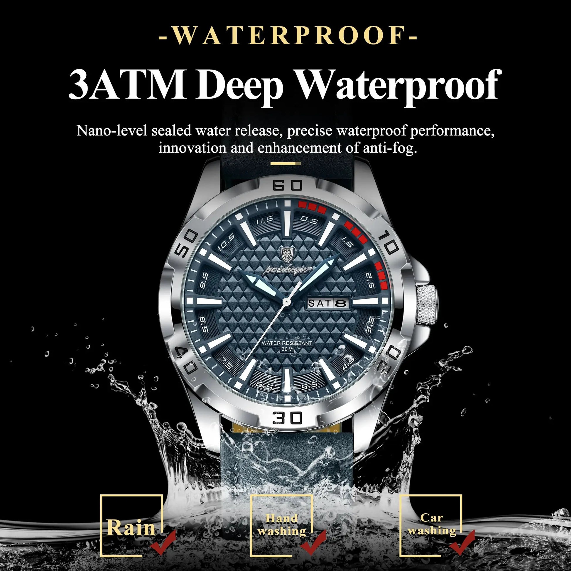POEDAGAR men's wristwatch with blue textured dial, stainless steel case and leather strap; 3ATM waterproof, date display