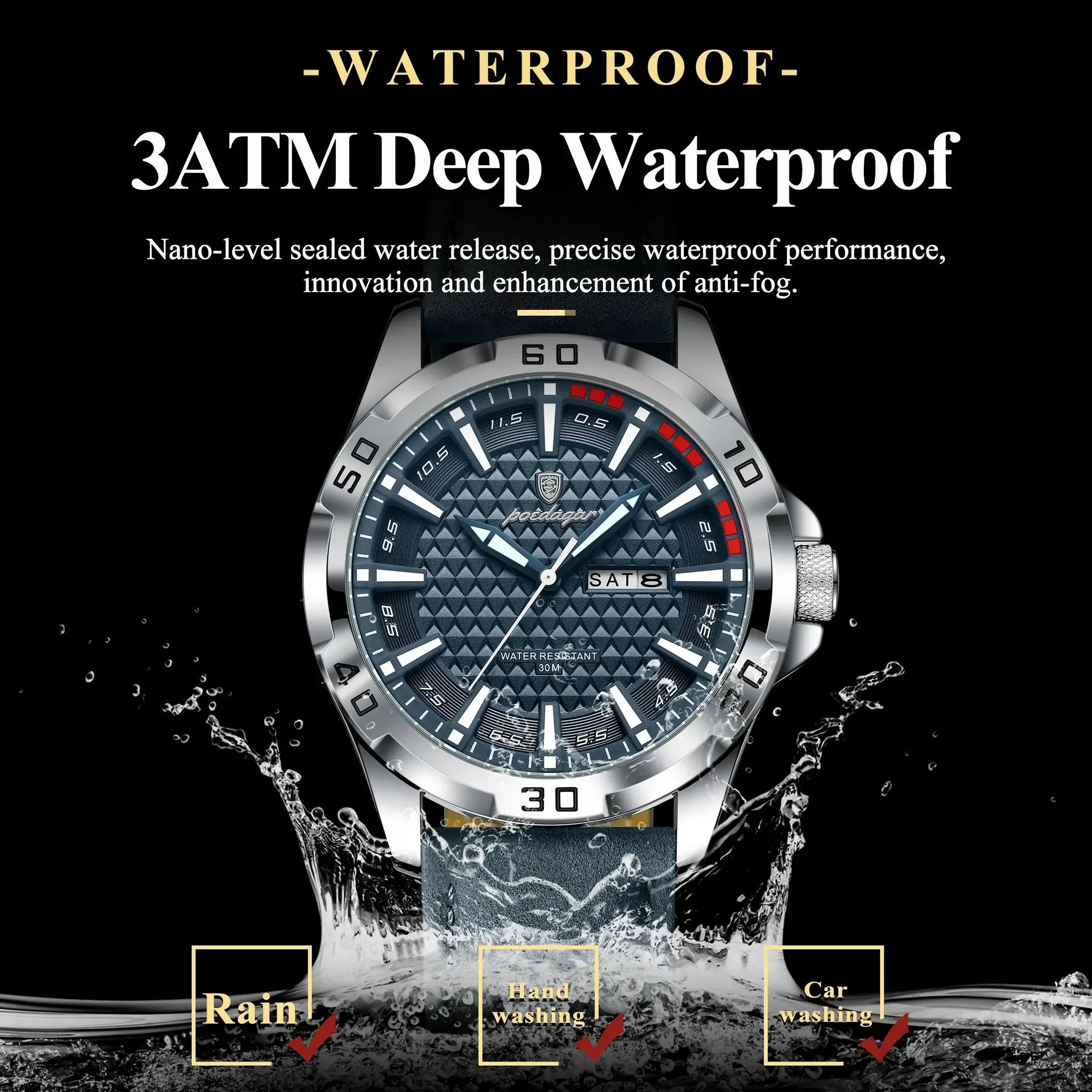 POEDAGAR men's wristwatch with blue textured dial, stainless steel case and leather strap; 3ATM waterproof, date display