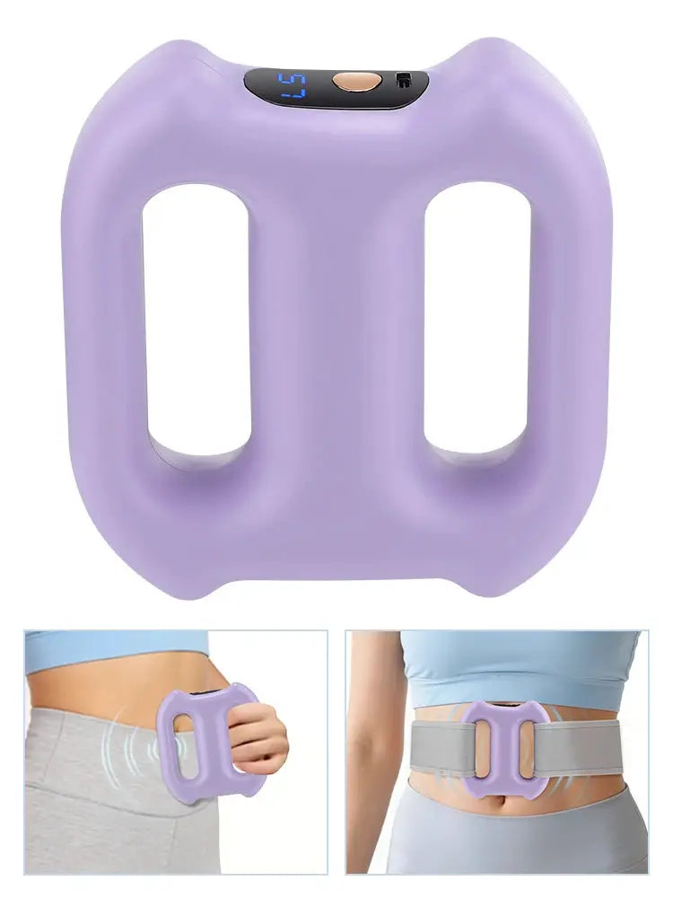 Purple portable dual-ring fascia massager with belt; handheld use and waist-worn configuration shown.