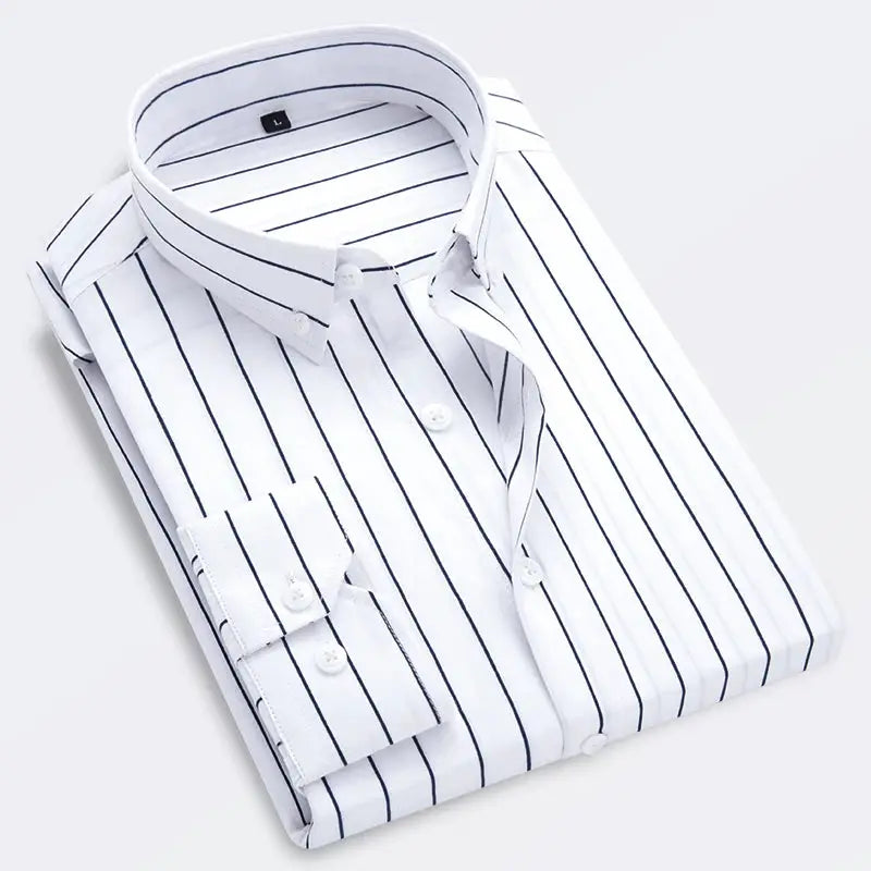 Men's striped shirt by Simples Market, white with navy vertical stripes, long sleeves, button-down collar.