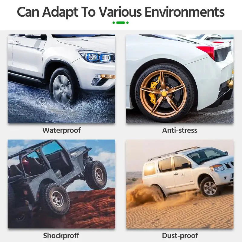 E-ACE Car TPMS Sensor four-panel promo image showing waterproof, anti-stress, shockproof, and dust-proof features