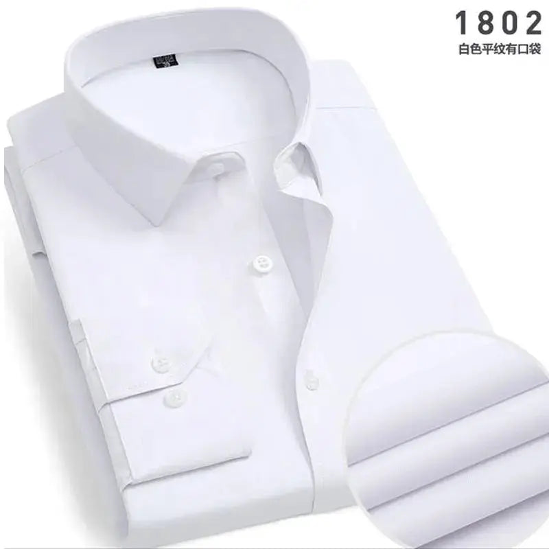Men's white long-sleeve dress shirt, business casual, neatly folded.