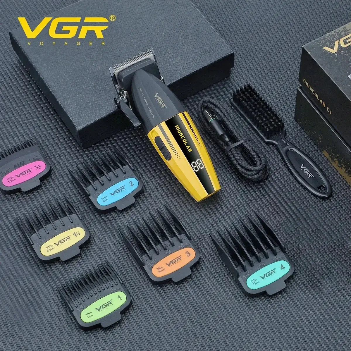 VGR hair trimmer professional set with gold and black metal body and color-coded comb attachments