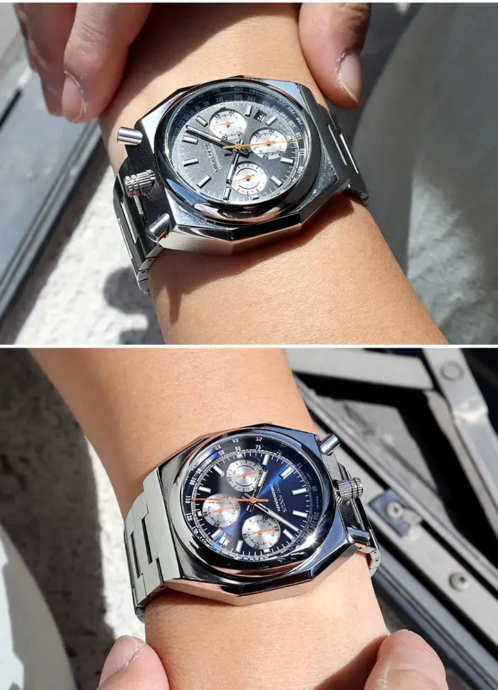 MINI FOCUS men's chronograph quartz watch with stainless steel strap, Simples Market, silver and blue dials