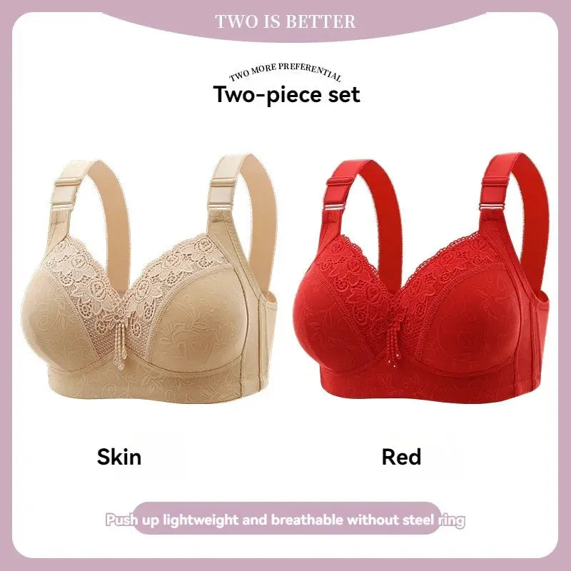 Two-piece lace bra set in skin and red, adjustable straps, Simples Market