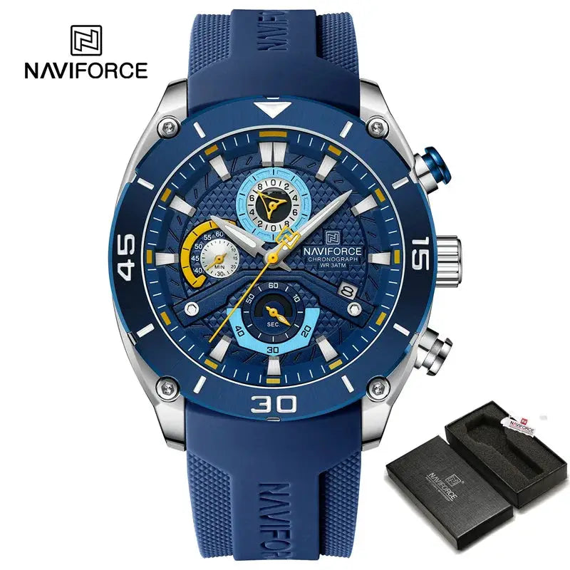 NAVIFORCE men's sport watch with blue silicone strap, chronograph, luminous dial, waterproof, boxed set