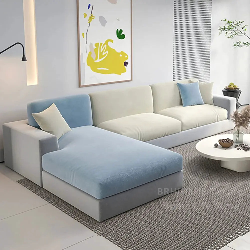 Velvet sofa cushion cover set for L-shaped sectional couch in light blue and cream