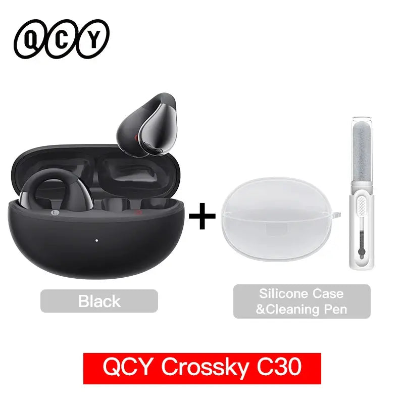 QCY Crossky C30 black open-ear earclip wireless earbuds with charging case, silicone case and cleaning pen