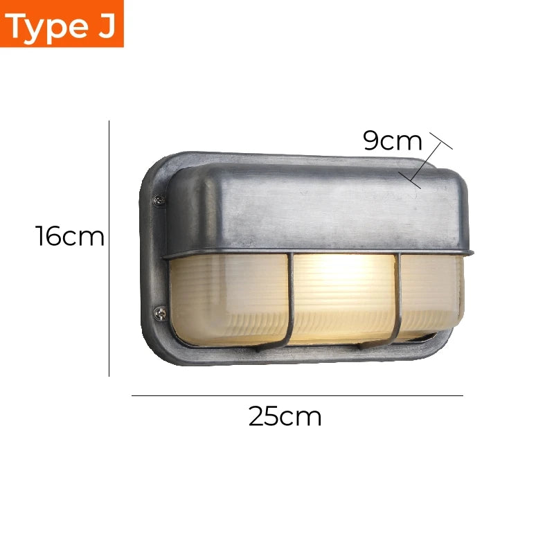 Simples Market outdoor retro LED wall lamp Type J, metal sconce with glass, IP65 waterproof, 25cm wide 16cm high