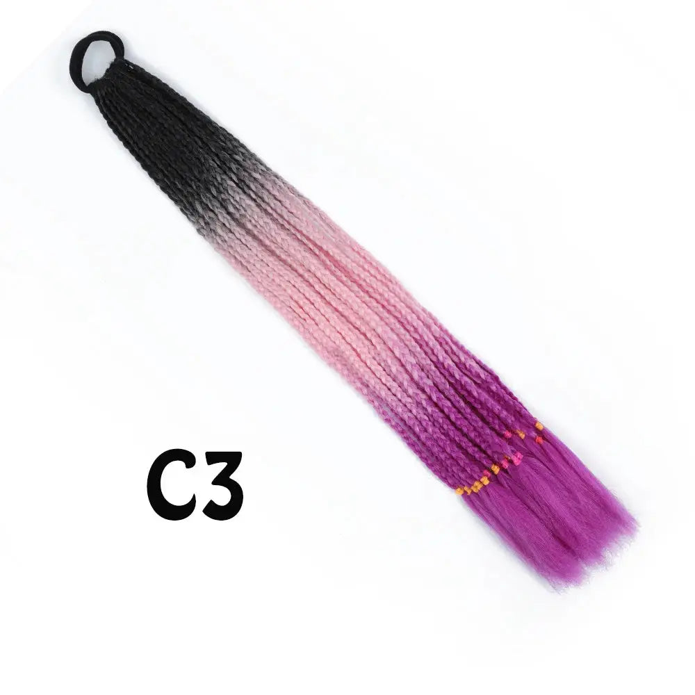 Synthetic gradient braided ponytail extension, 24in black–pink–purple ombre with elastic band
