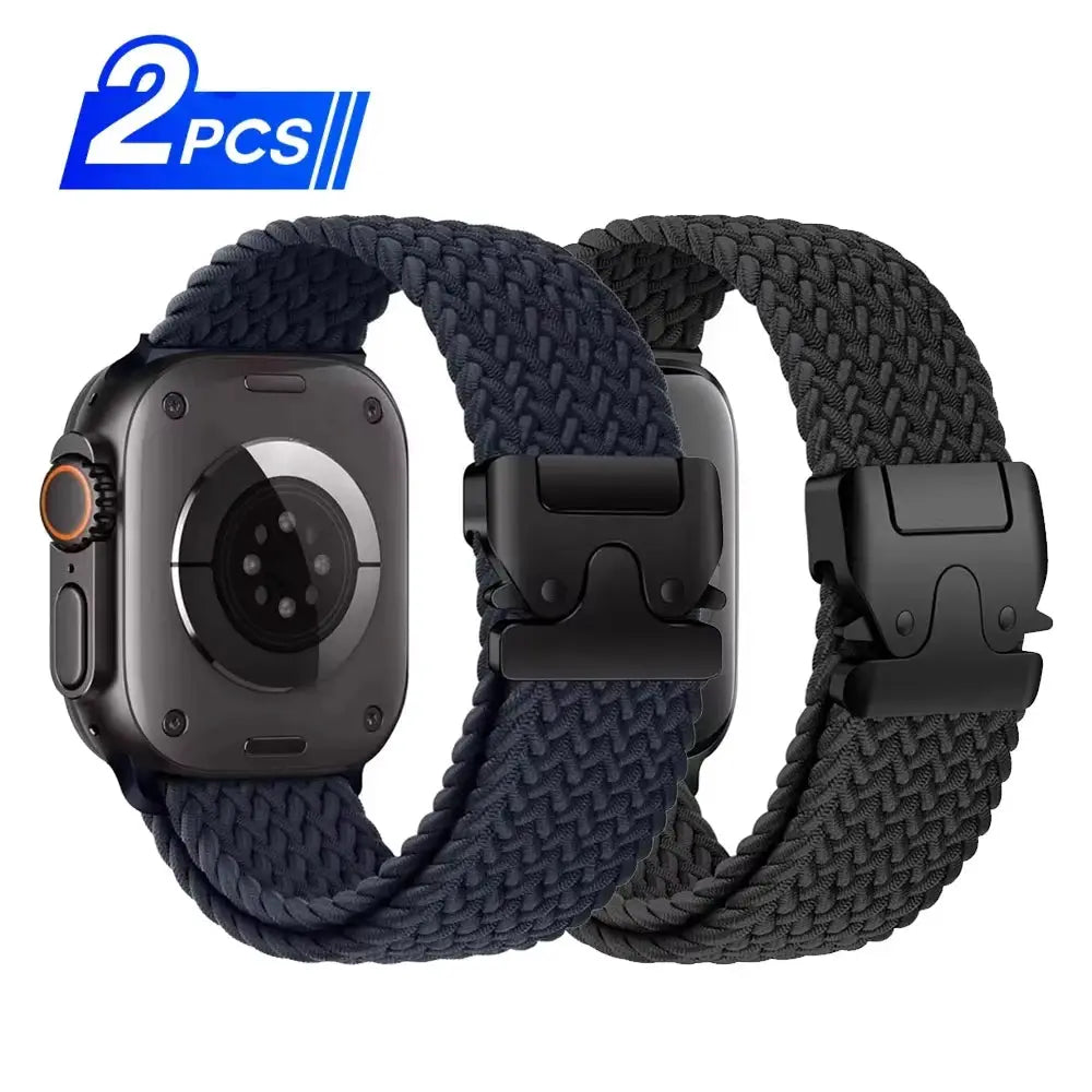 Simples Market Parachute braided Apple Watch bands, 2-pack in navy blue and charcoal gray with black buckles.
