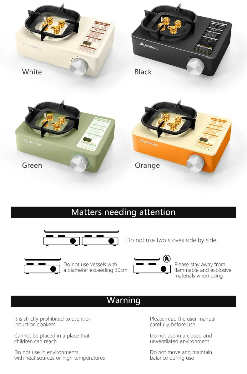 BISINNA camping gas stove 5800W portable cassette burner; four color variants (white, black, green, orange)
