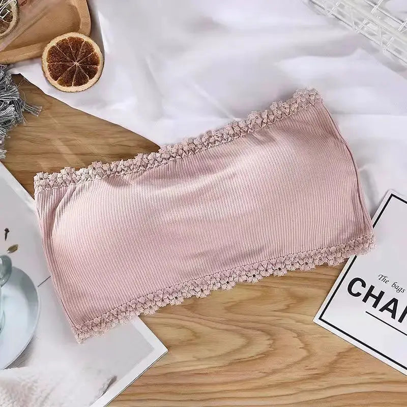Strapless pink lace-trim bralette with ribbed fabric and scalloped edges