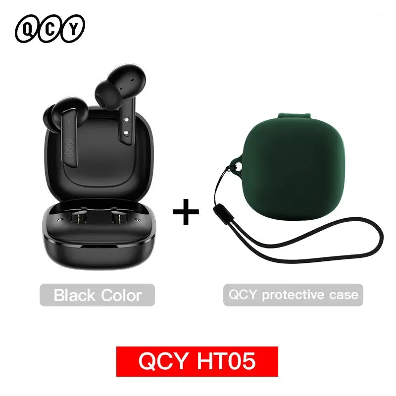 QCY HT05 ANC wireless earbuds with black charging case and green protective case, 2-item set