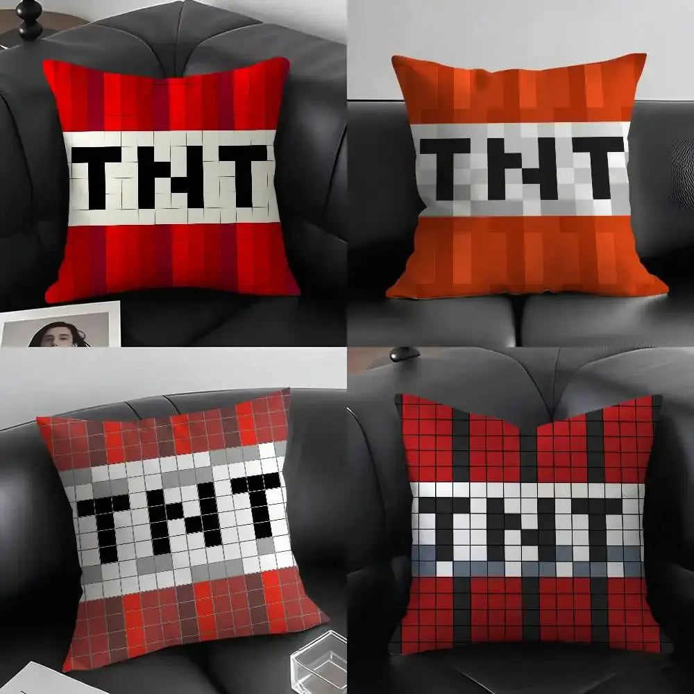 Simples Market TNT Block Explosion pillow covers, 4 double-sided plush cushions with pixel TNT designs in red/orange.