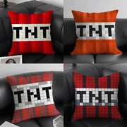 Simples Market TNT Block Explosion pillow covers, 4 double-sided plush cushions with pixel TNT designs in red/orange.