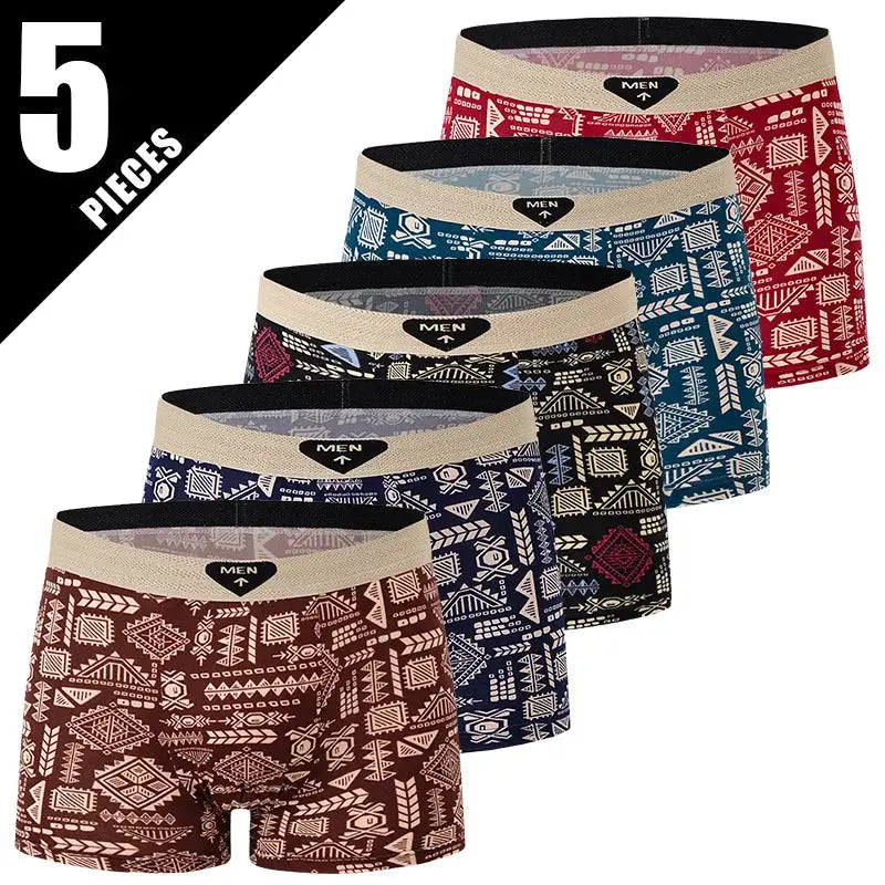 5-pack men's printed trunks by Simples Market; tribal geometric patterns in assorted colors with beige waistband.