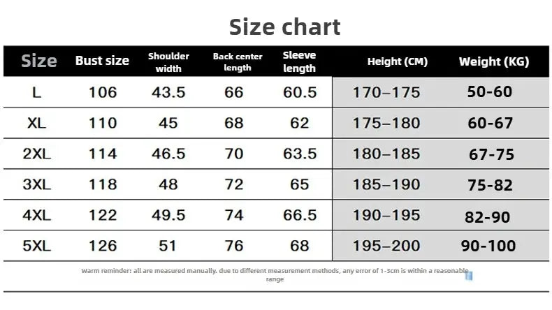 Size chart for men's jacket: sizes L-5XL with bust, shoulder width, back length, sleeve length, height/weight ranges.